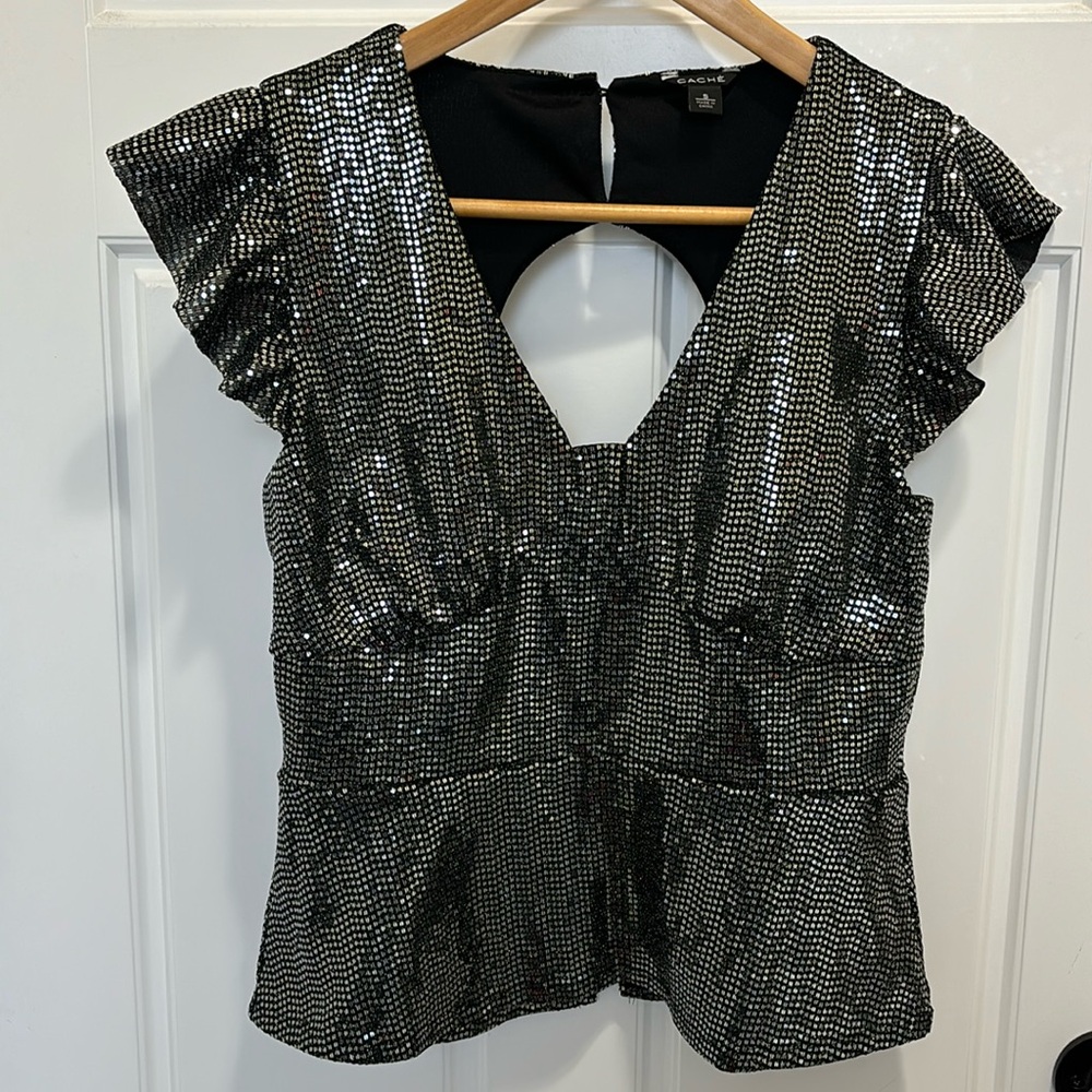 Cache Silver Sequin Top, Size Small - image 1